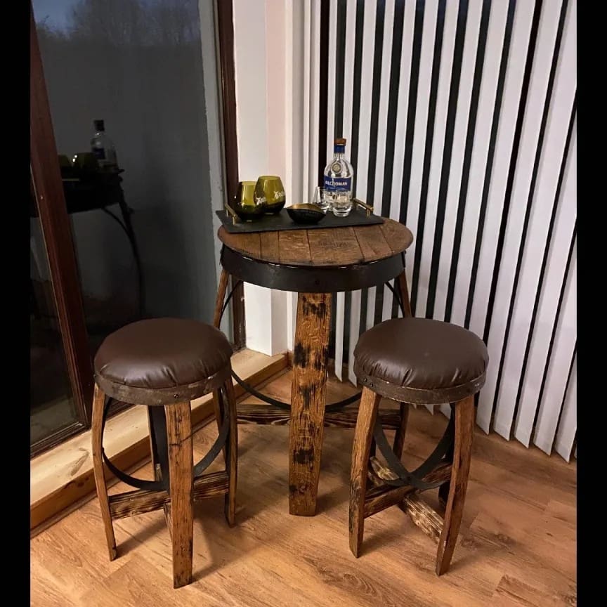 pub style oak table and stool set made from whisky barrel oak