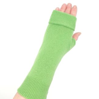 Bright green fingerless gloves on a hand