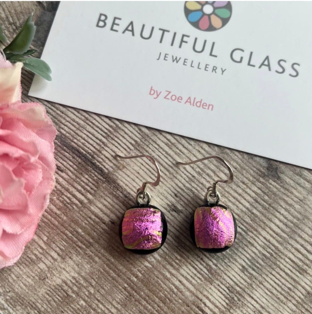Bright Pink Wavy Dichroic Fused Glass Pendant – Unusual Handmade Necklace - Image 2