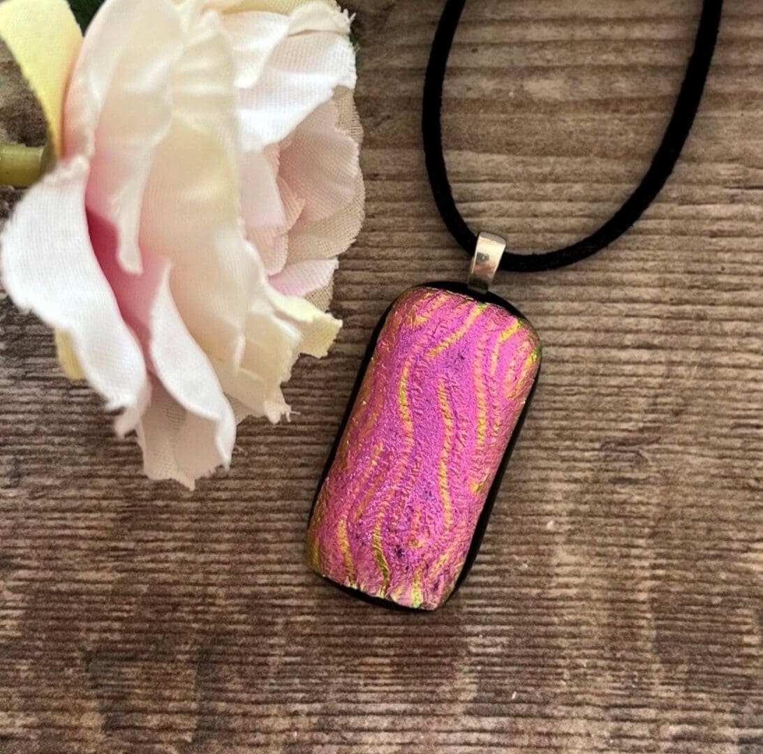 Bright Pink Wavy Dichroic Fused Glass Pendant – Unusual Handmade Necklace - Image 3