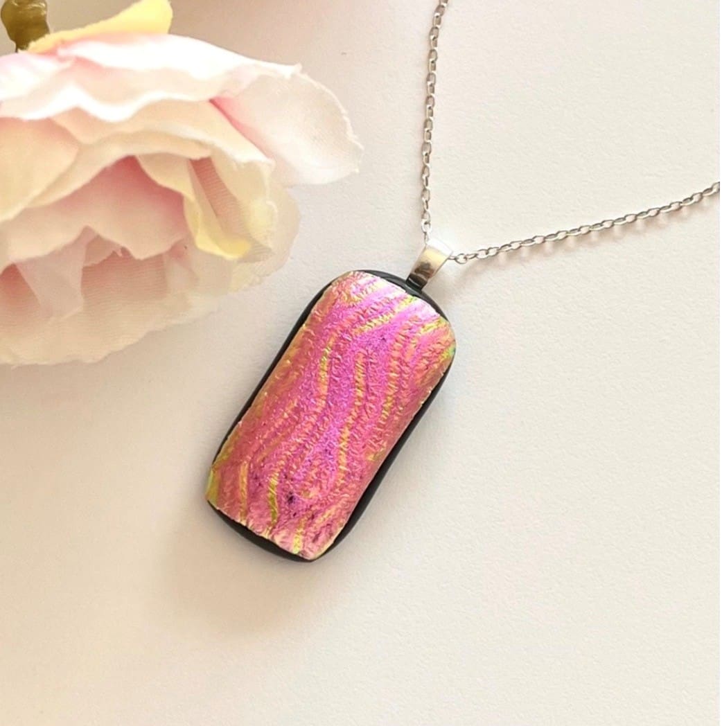 Bright Pink Wavy Dichroic Fused Glass Pendant – Unusual Handmade Necklace - Image 4