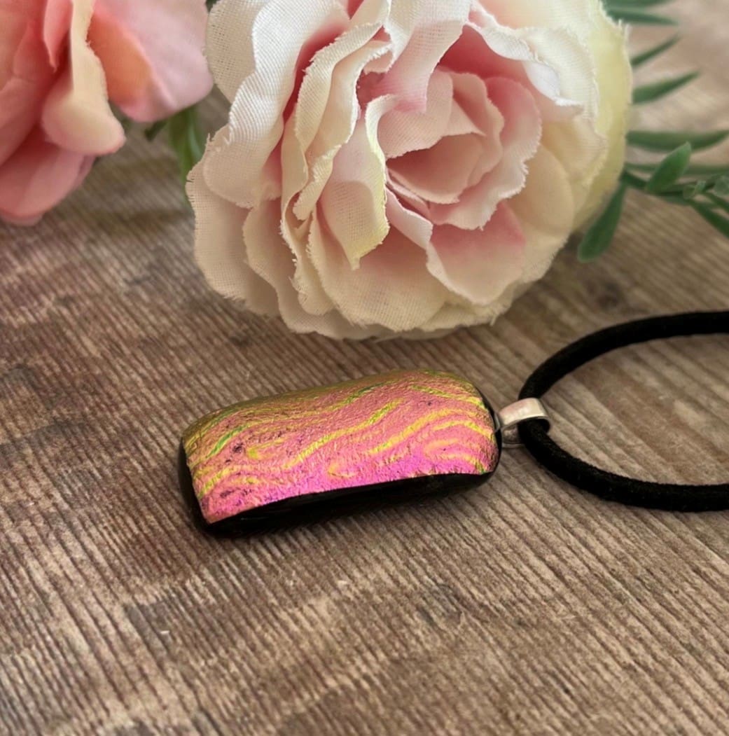 Bright Pink Wavy Dichroic Fused Glass Pendant – Unusual Handmade Necklace - Image 5