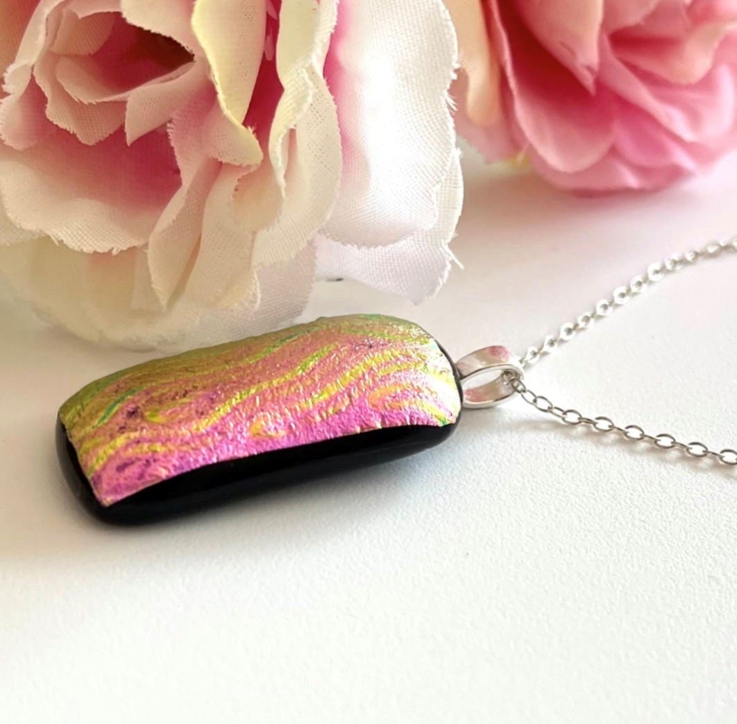 Bright Pink Wavy Dichroic Fused Glass Pendant – Unusual Handmade Necklace - Image 6