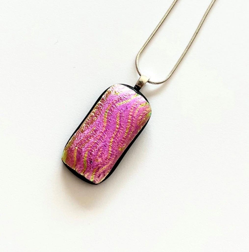 Bright Pink Wavy Dichroic Fused Glass Pendant – Unusual Handmade Necklace - Image 7