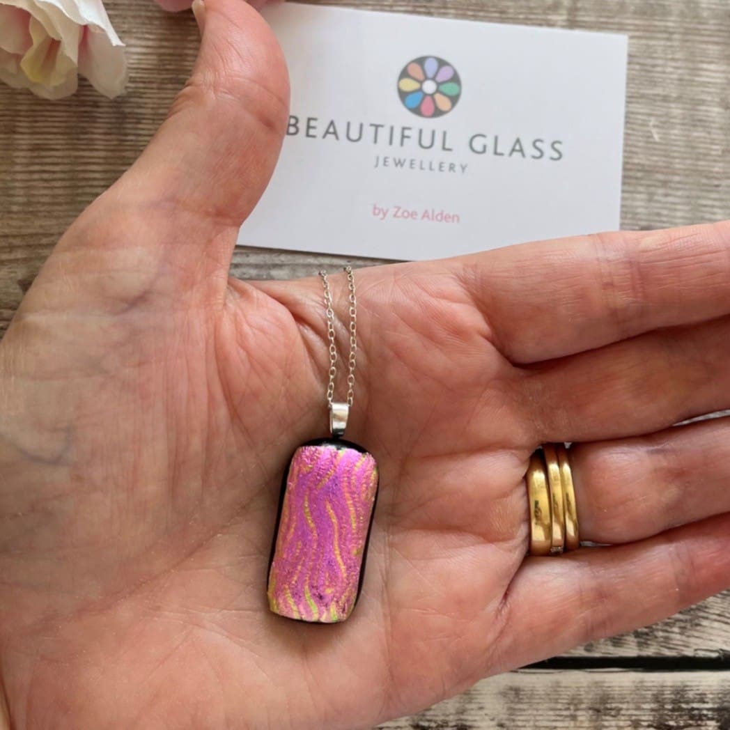 Bright Pink Wavy Dichroic Fused Glass Pendant – Unusual Handmade Necklace - Image 8