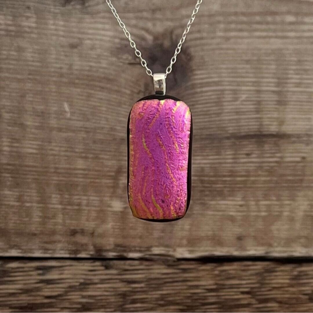 Bright Pink Wavy Dichroic Fused Glass Pendant – Unusual Handmade Necklace - Image 9