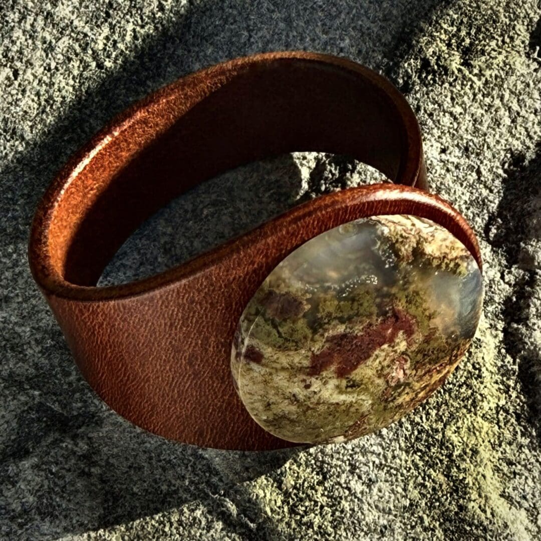 Unique bohemian statement bracelet with gemstone centrepiece of large Moss Agate