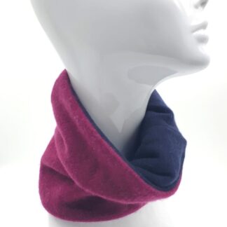 Model wearing navy and burgundy cashmere neck warmer