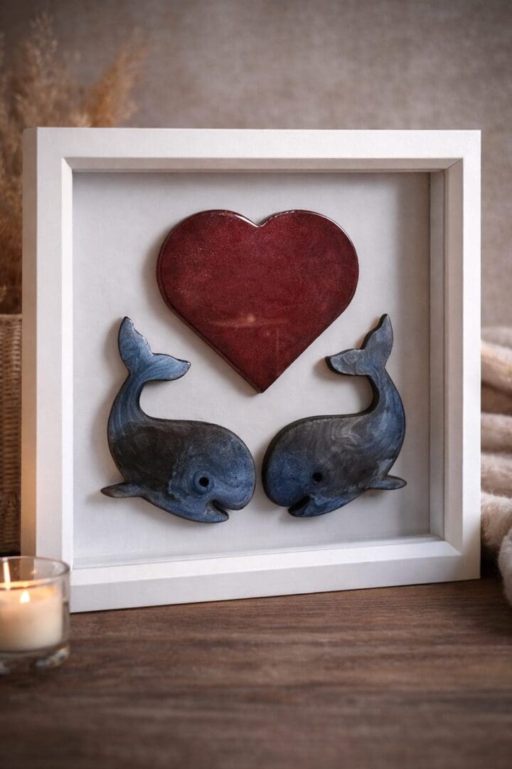 Handmade resin whale artwork beneath a red heart in a white framed box.