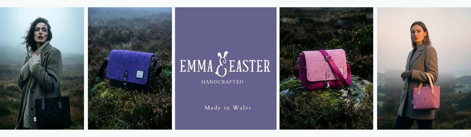Handcrafted Harris Tweed handbags by Emma Easter Handcrafted, featuring luxury British-made crossbody and tote bags in purple and pink, photographed in the Scottish Hightlands for The British Craft House shop cover