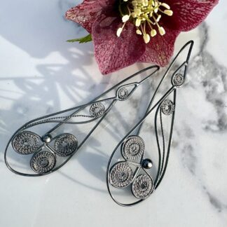Elegant floral sterling silver earrings in oxidised filigree