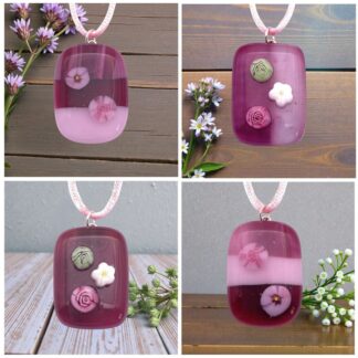 Four images of a purple glass pendant with floral designs, showcasing different angles and arrangements of the flowers inside.
