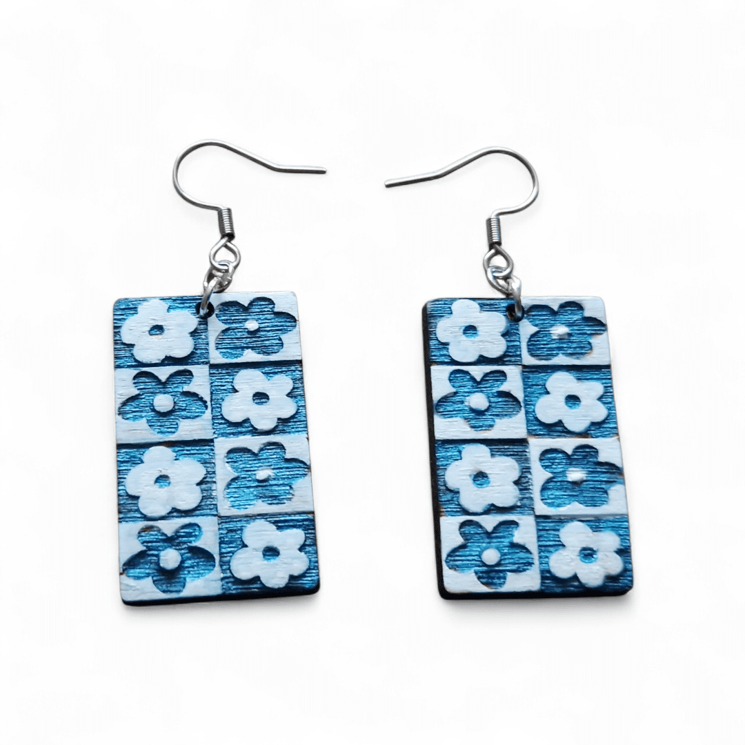 Hand-Painted Blue Floral Wooden Drop Earrings