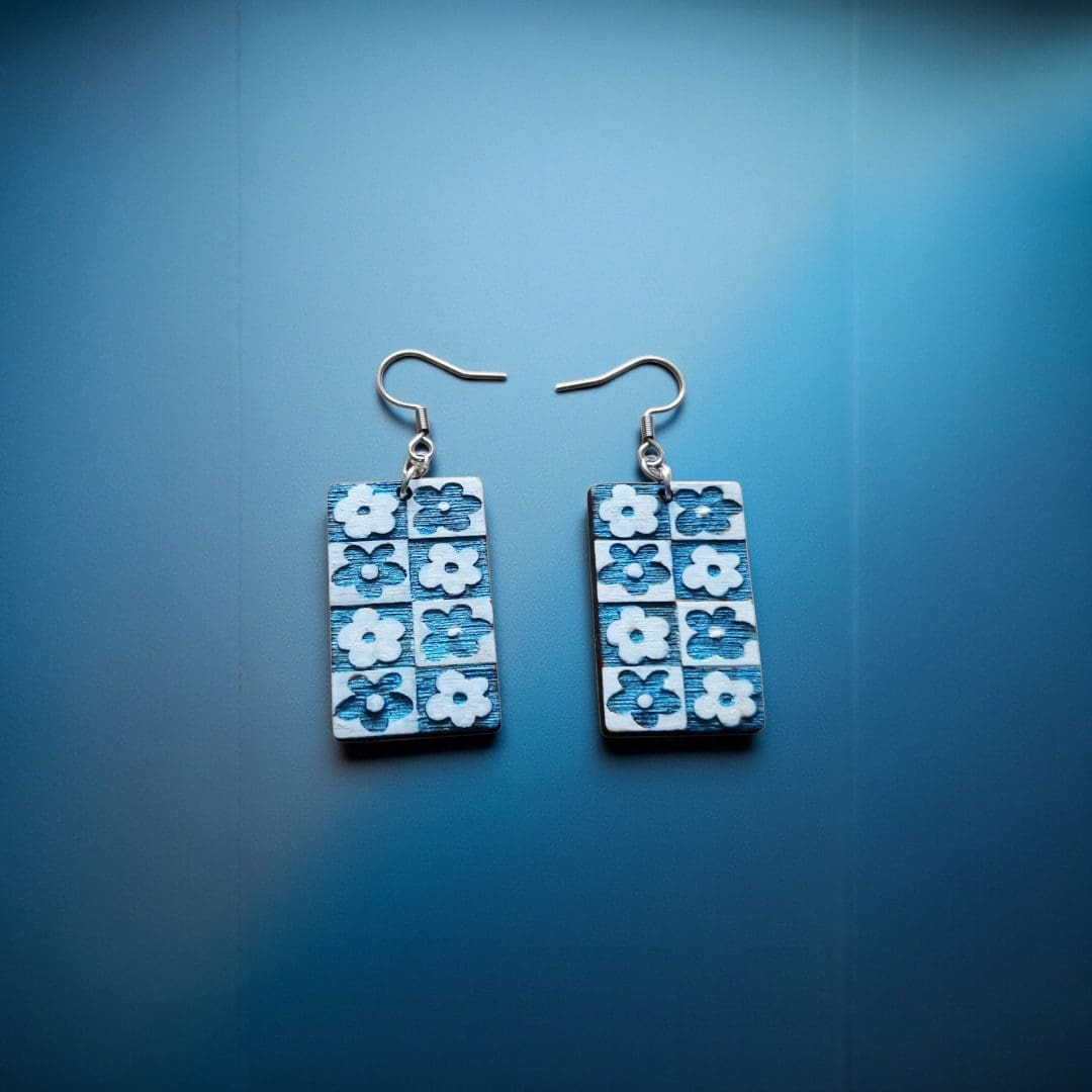 Hand-Painted Blue Floral Wooden Drop Earrings - Image 6