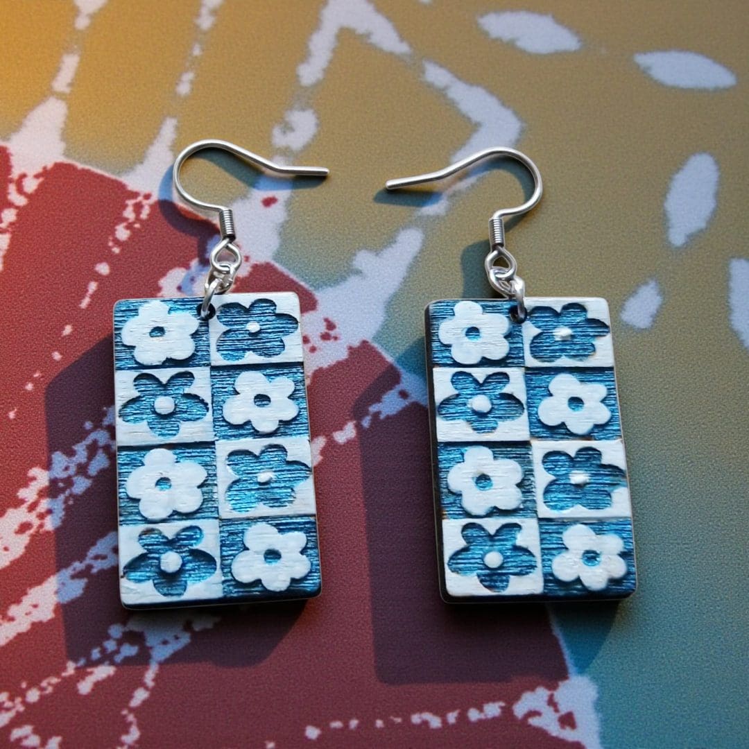 Hand-Painted Blue Floral Wooden Drop Earrings - Image 3