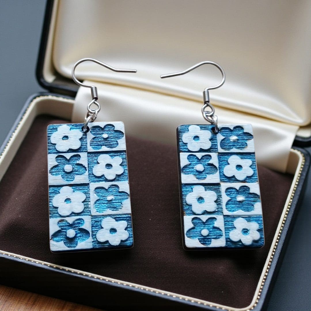 Hand-Painted Blue Floral Wooden Drop Earrings - Image 4