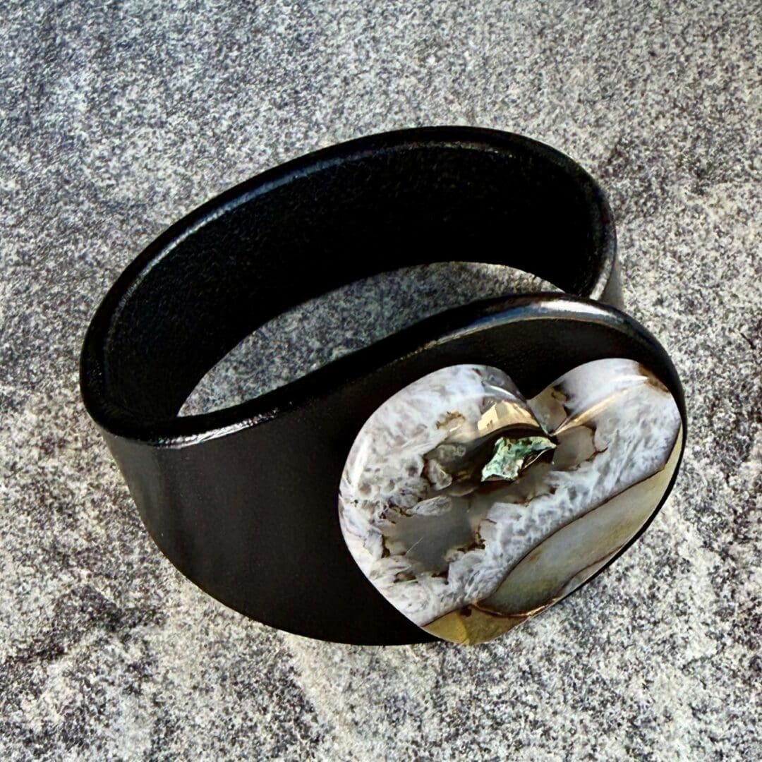 Black Leather Bracelet with Montana Agate Druzy | Handcrafted Gemstone Cuff