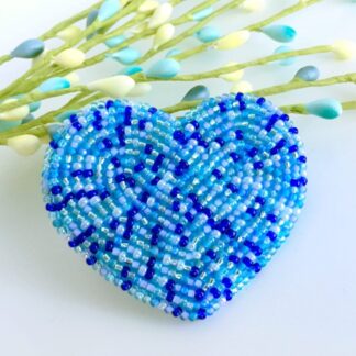 handbeaded heart-shaped brooch in multiple shades of blue by DewCatDesigns