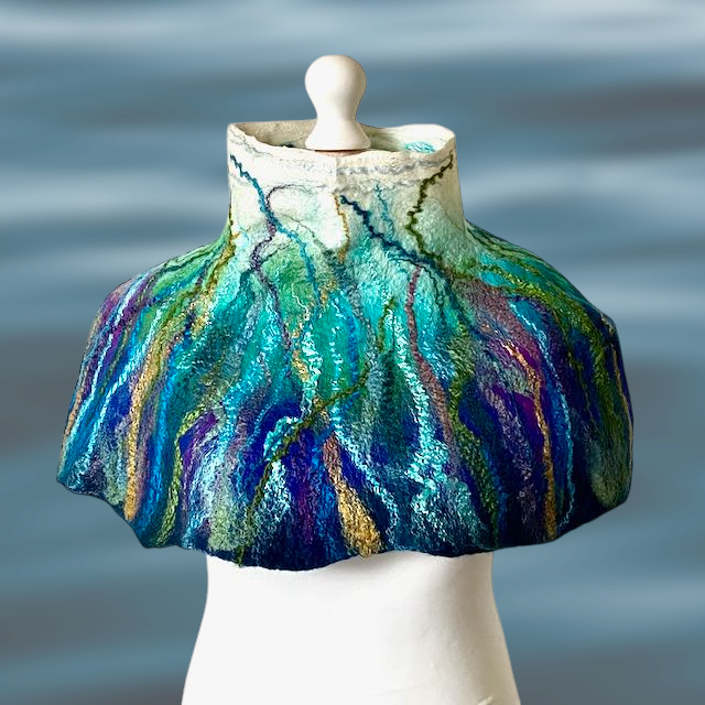 Wool Felt Poncho Ocean Deep Handmade Felt Reversible Neckwarmer - Image 3