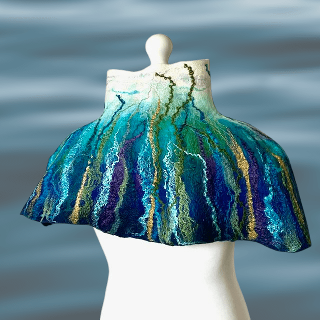 Wool Felt Poncho Ocean Deep Handmade Felt Reversible Neckwarmer - Image 2
