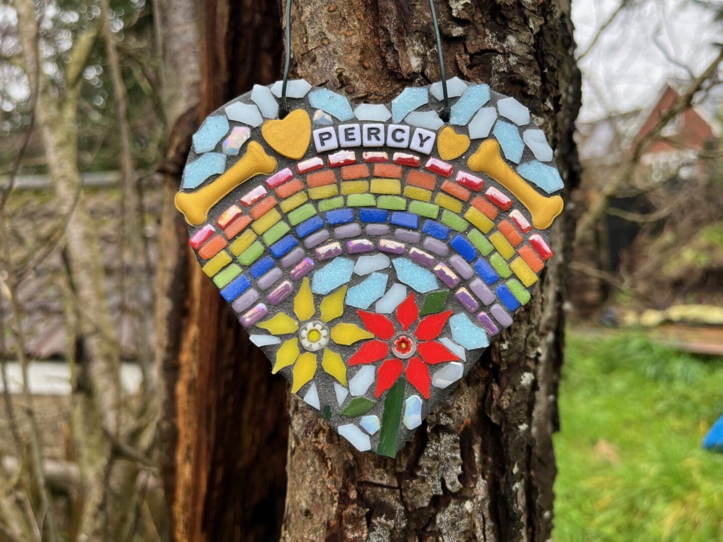 Personalised Dog Memorial mosaic heart on slate - outdoor tribute.