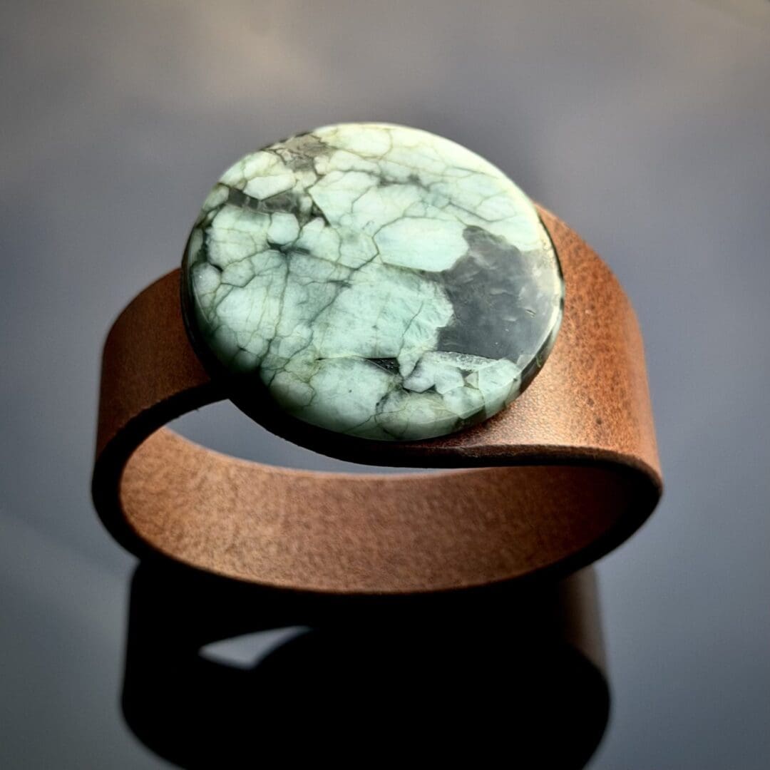 Brown Leather and large round Emerald gemstone cuff