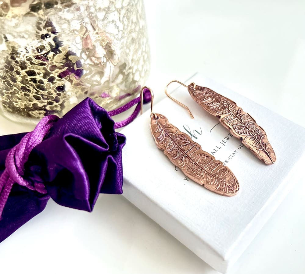 Copper Feather Earrings—Handcrafted - Image 2