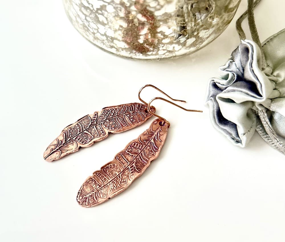 Copper Feather Earrings—Handcrafted - Image 3