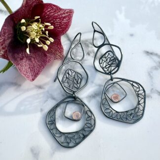 Long dangly sterling silver earrings in black and gold oxidised filigree