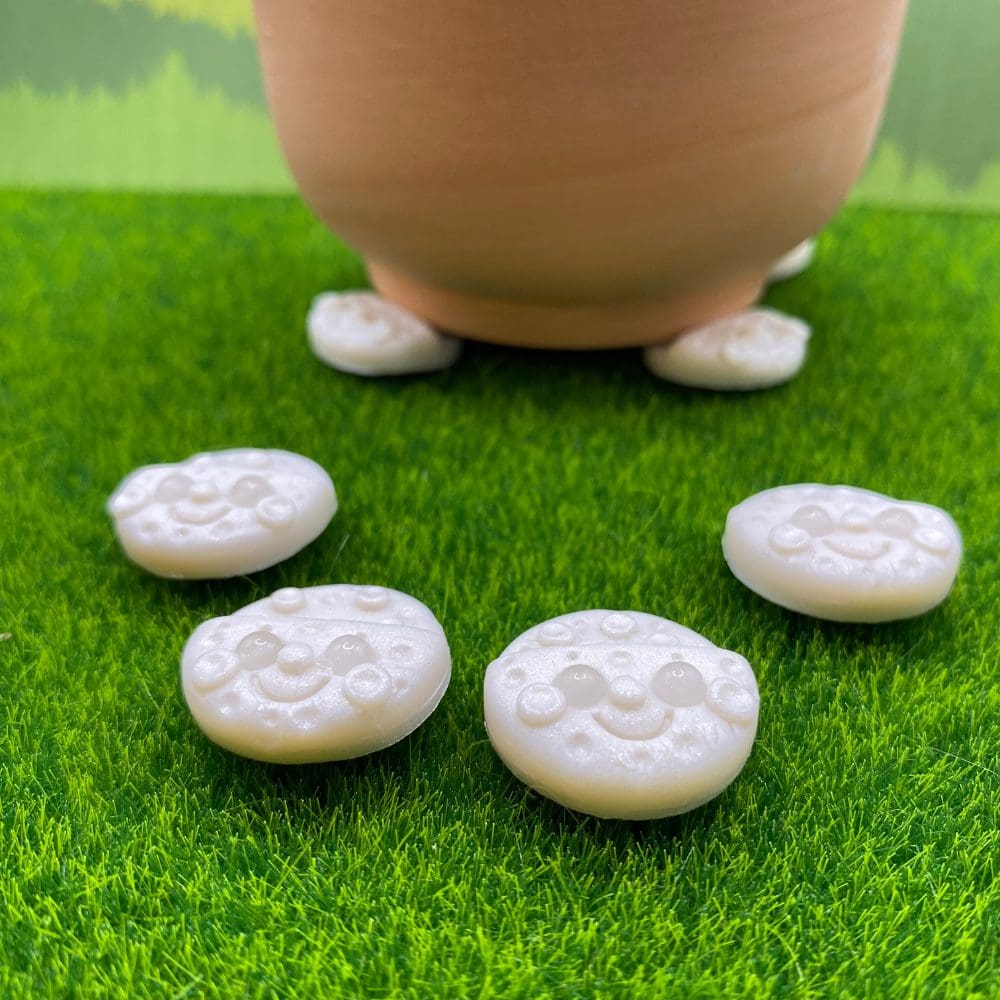 A terracotta pot rests on shimmering white moon pot feet, with four more scattered on the artificial grass in front of it, which shows there smiling faces and and white quartz eyes.