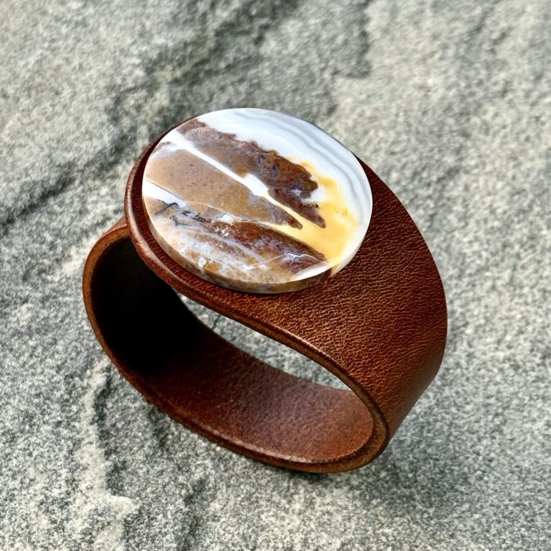Real Brown leather bracelet with a Sunset design Moss Agate in Jasper centrepiece