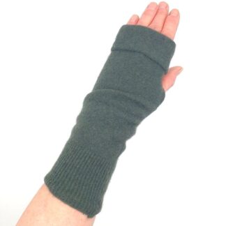 Moss green fingerless gloves on a hand