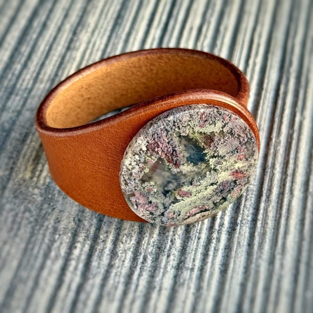 Scenic Moss Agate leather bracelet handcrafted by Freak Like Me in Bristol - featuring a natural moss-patterned green gemstone set into premium leather with nickel-free snap fastening.