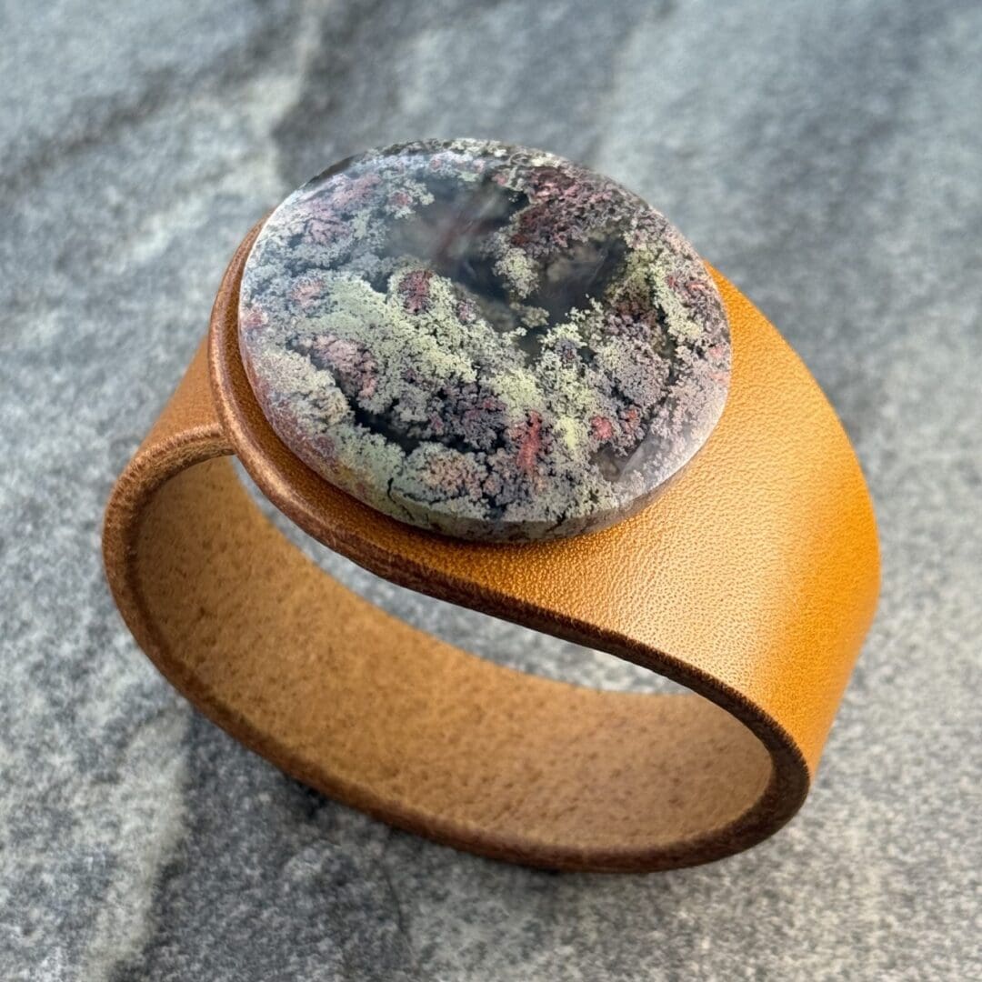 Scenic Moss Agate leather bracelet handcrafted by Freak Like Me in Bristol- featuring a natural moss-patterned green gemstone set into premium leather with nickel-free snap fastening.