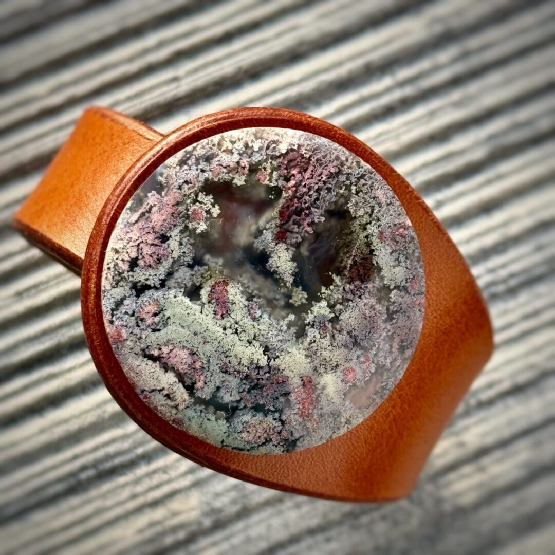Scenic Moss Agate leather bracelet handcrafted by Freak Like Me in Bristol - featuring a natural moss-patterned green gemstone set into premium leather with nickel-free snap fastening.