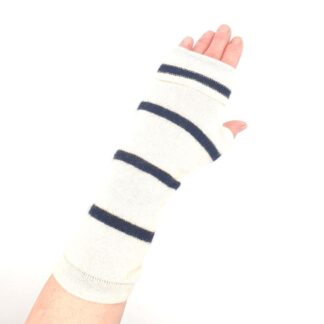 Cashmere Fingerless gloves/wristwarmers - cream with black stripe