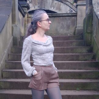 knit top with cowl neck and long blouson sleeves