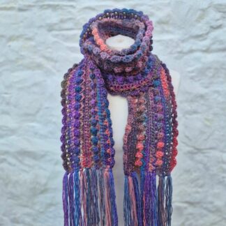 crocheted scarf dusky pinks purples