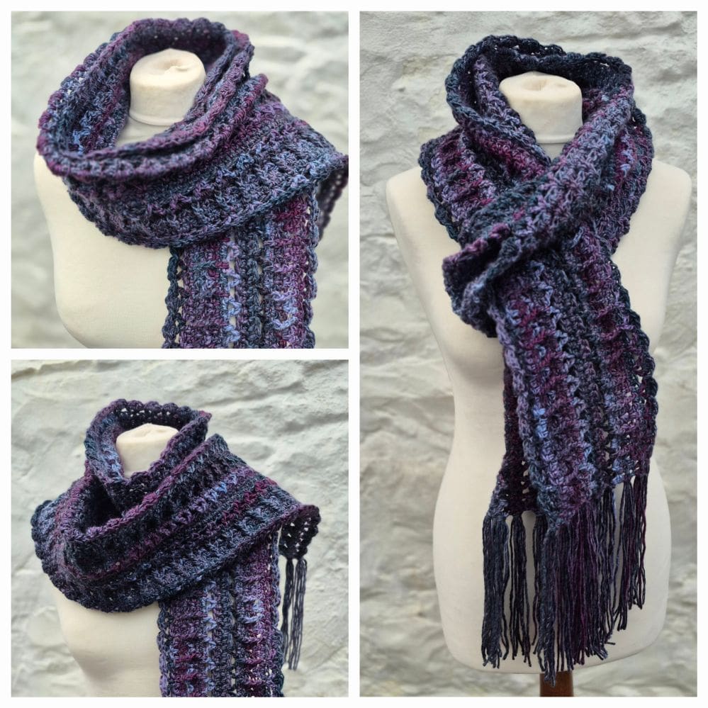 crocheted scarf in purples