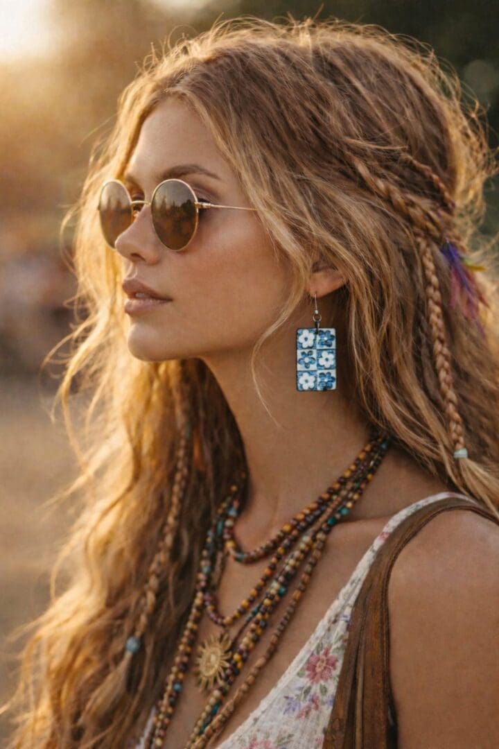 Hand-Painted Blue Floral Wooden Drop Earrings - Image 2
