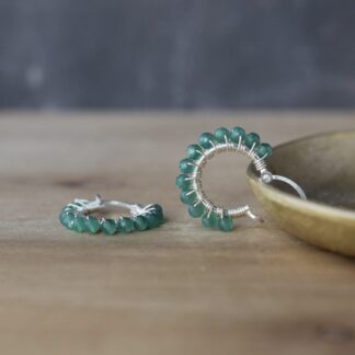 Silver Hoop Earrings with Green Stones - Handamde Artisan Jewellery