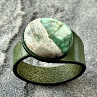 Scenic Moss Agate leather bracelet handcrafted by Freak Like Me in Bristol - featuring a natural moss-patterned green gemstone set into premium leather with nickel-free snap fastening.