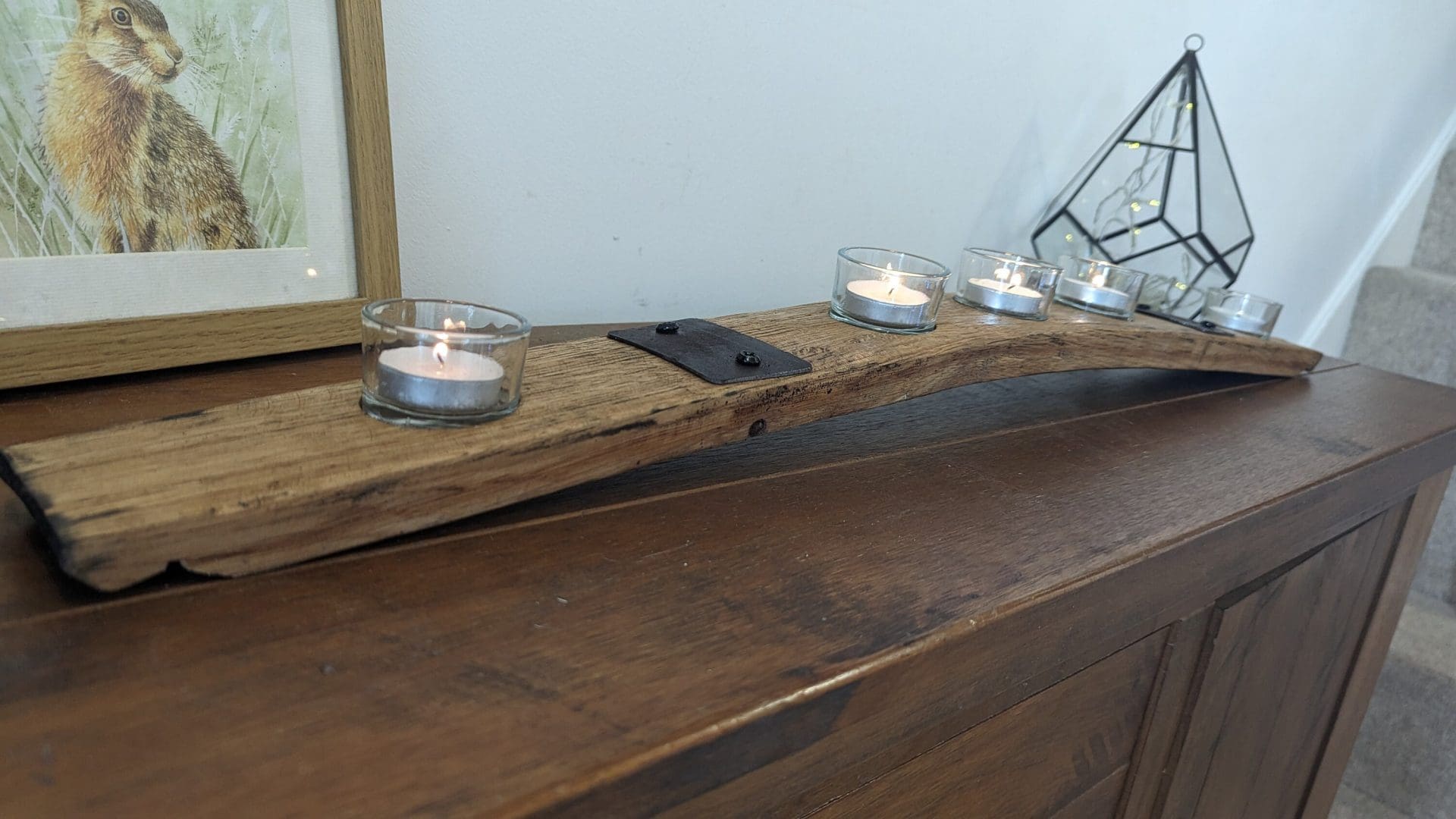 Whisky Barrel Stave Oak Candle Holder with 5 Glass Holders