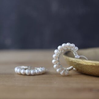 pearl beaded silver hoop earrings