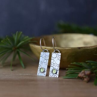 rectangle silver drop earrings with green peridot stone