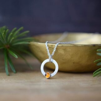 Citrine Gemstone Sterling Silver Circle Pendant Necklace - Handmade Jewellery