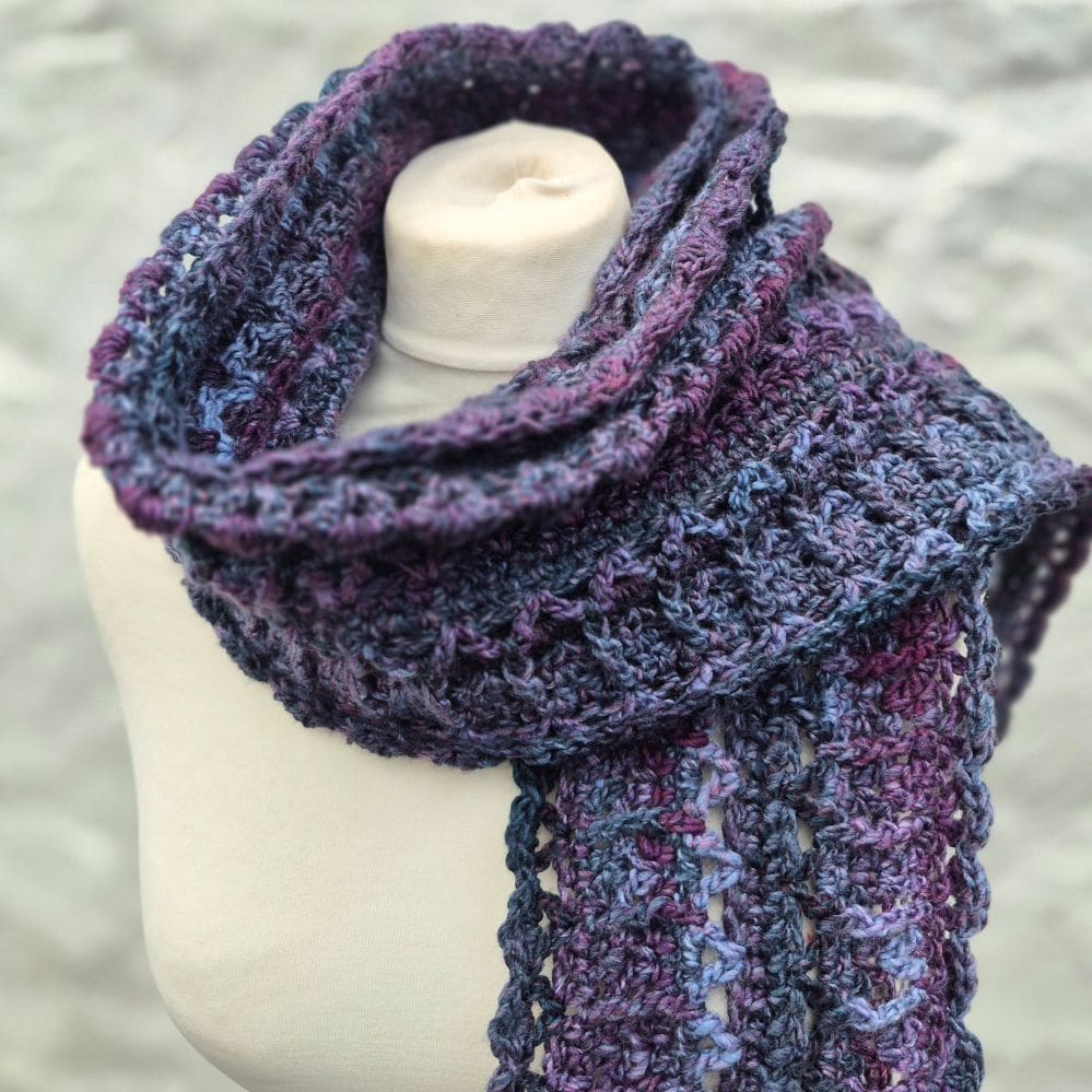unique boho crocheted scarf purples