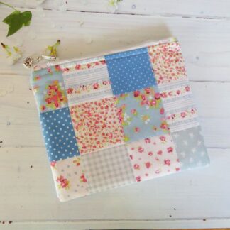 Make Up Bag Zipped Pouch Pink and Blue Patchwork Fabric