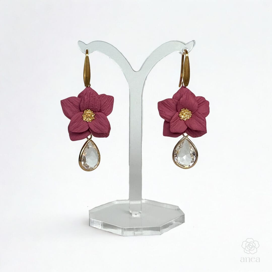 Vinea | Sculpted Berry Flower Earrings with Crystal Teardrop Drop