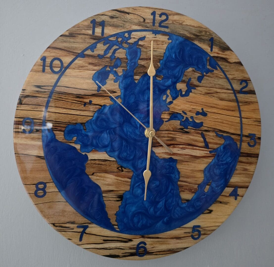 Planet Earth Wall Clock in Spalted Beech with Blue Resin & LED Halo - Image 2